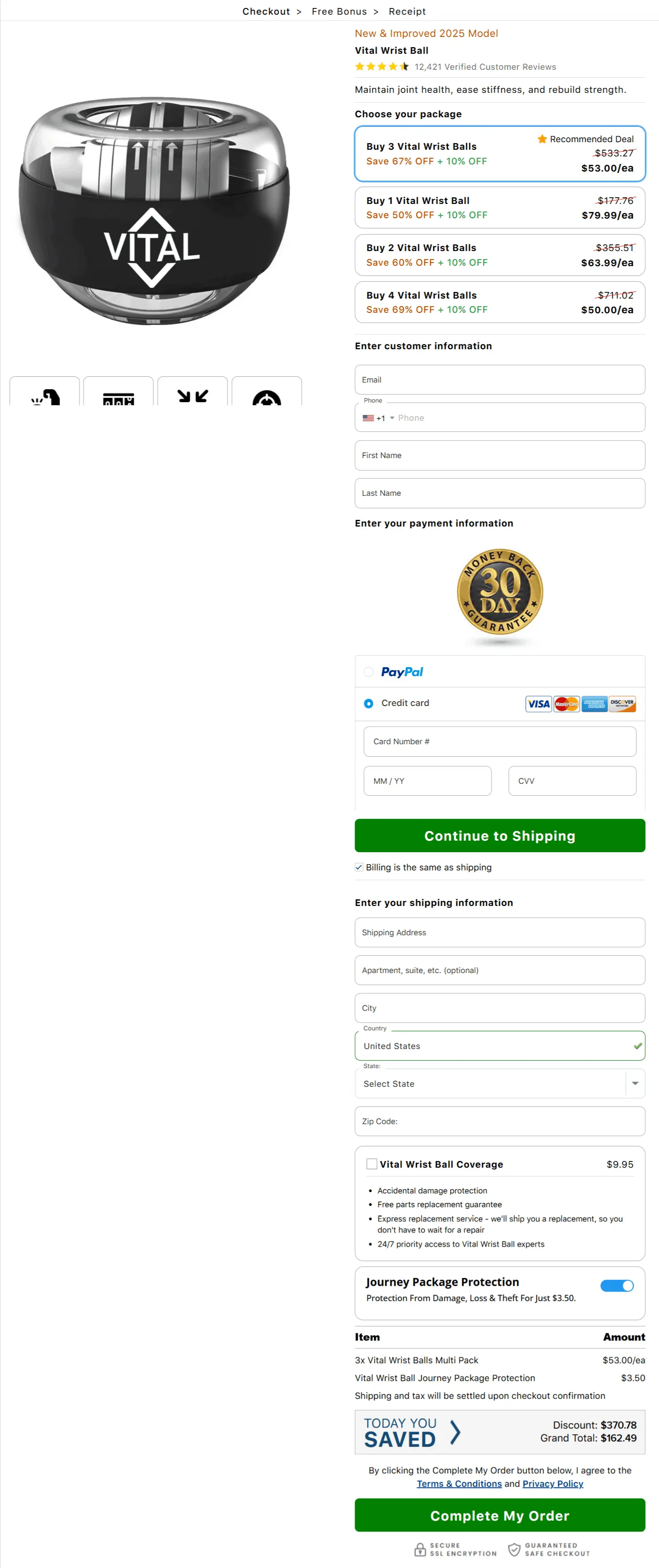 Vital Wrist Ball secure checkout page